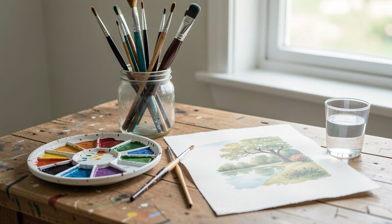 A watercolorist's wooden workbench with a ceramic palette of mixed washes, sable brushes in a jar and a half finished landscape on cotton paper in soft north light