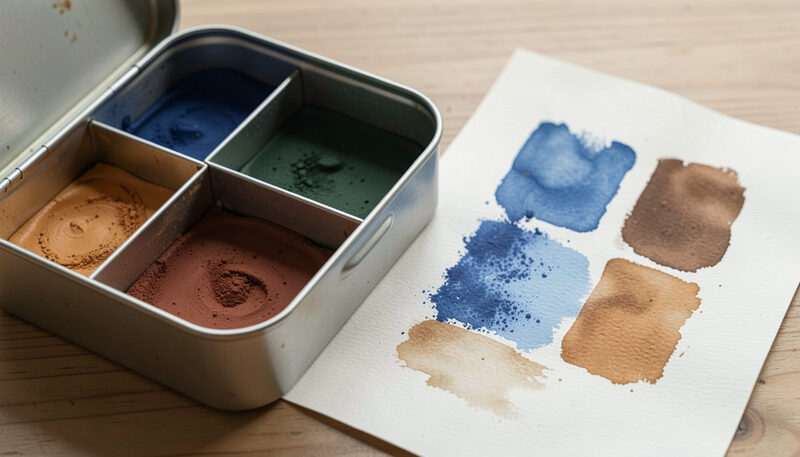 Open pans of watercolor pigments in a metal tin, with granulating blue and earth colors swatched on paper.