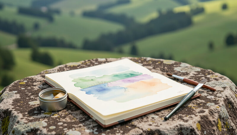 An open watercolor sketchbook on a rock with a small tin and water brush, a valley behind.
