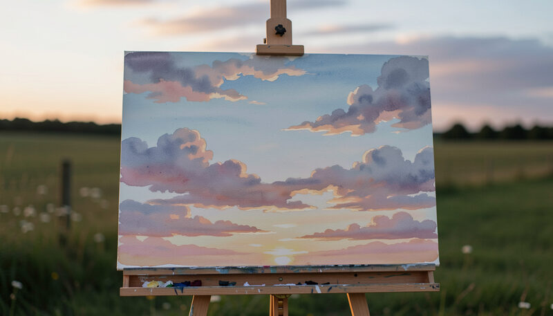 A watercolor sky in progress on an easel, soft clouds and a warm horizon, seen outdoors at dusk.