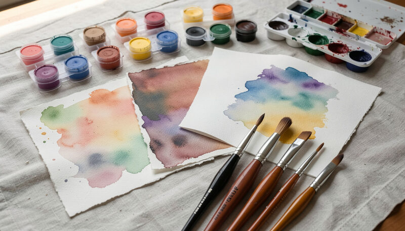 A small folding watercolor palette open on a library table beside a mug and a glass jar of water, an A5 pad of cold press paper with one half-finished wash, late afternoon light from a tall window falling across the page, shot from slightly above at arm's length.