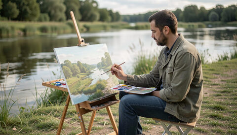 An artist painting a riverbank scene outdoors from a folding stool with a landscape taking shape on the paper