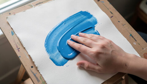 A hand laying a broad wet wash of cerulean blue across damp cotton paper on a tilted board