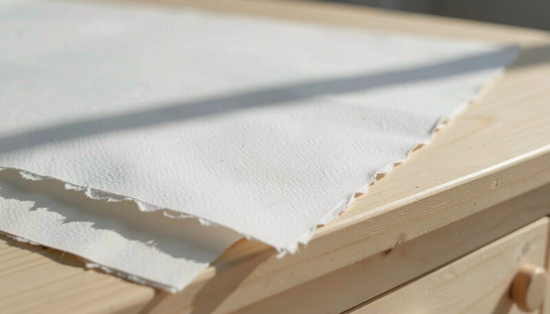 The ragged deckle edge of a thick white cotton watercolor sheet resting over the edge of a pale wooden table, raking afternoon light showing the fibers and grain, a second sheet underneath